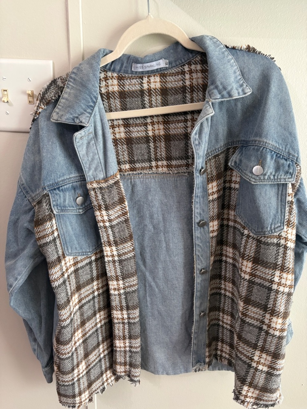 Miss Sparkling Light Blue Denim & Plaid Shacket